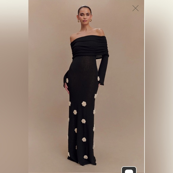 Meshki Dresses & Skirts - Elegant Black Off-Shoulder Dress with Floral Accents